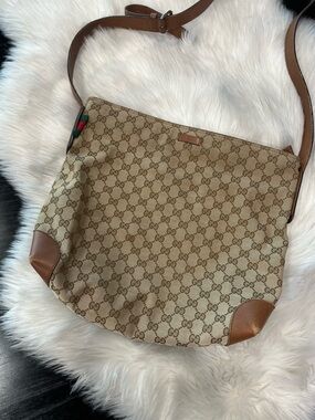 Gucci Beige GG Canvas Shoulder Bag with Brown Leather Trim